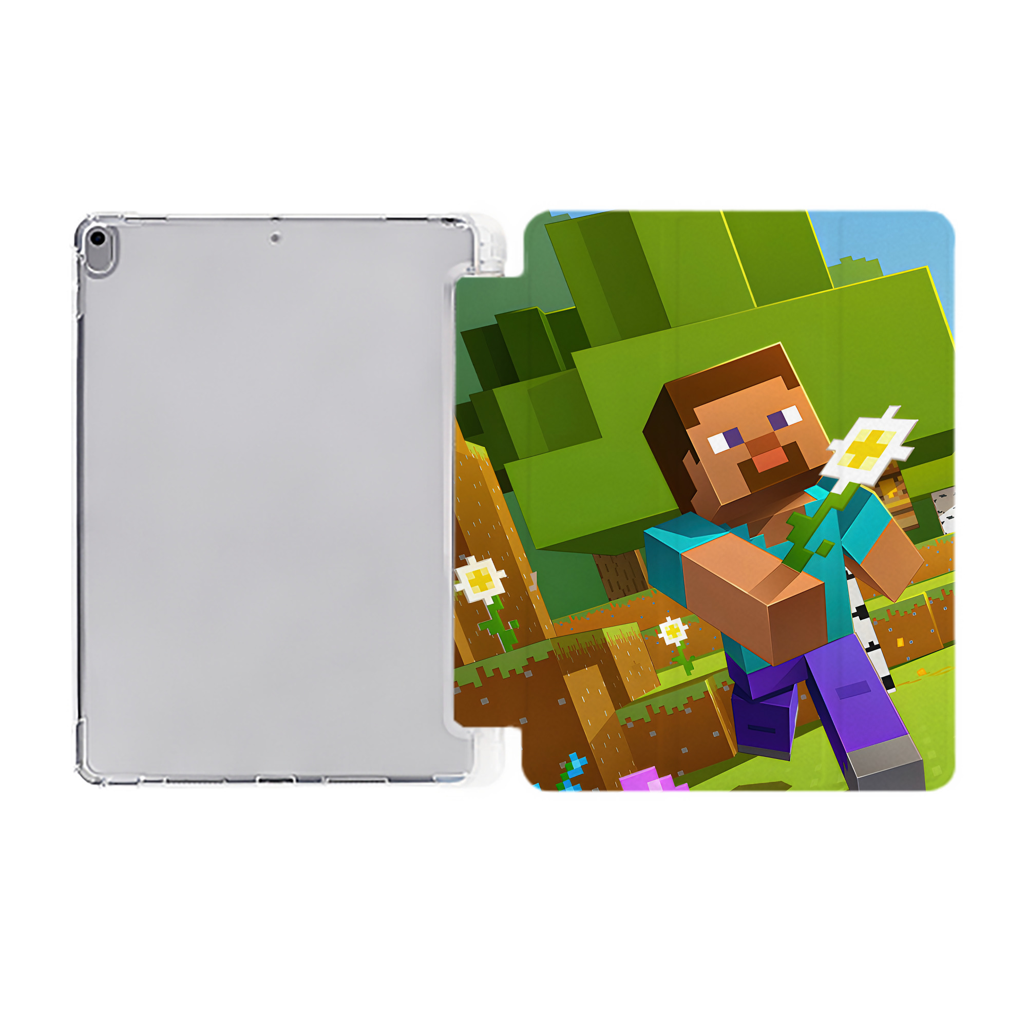 （画像用） マインクラフト ブロックの世界 Minecraft MC Block world IPad ケース ペン収納付き 三つ折りスタンド PUレザー×シリコン 対応機種9.5/10.5/10.9インチ